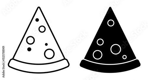 Two pizza slices one outlined and one solid with circular toppings in a simple black and white style