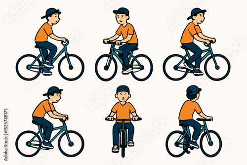 vector set a teenager is riding a bicycle with a simple and minimalist flat design style, plain white background
