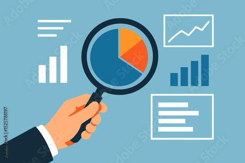 Magnifying glass analyzing investment graph and chart diagram, research statistics, oversight or insight information, market trend concept, businessman hand holding magnifying glass analyze graph. 