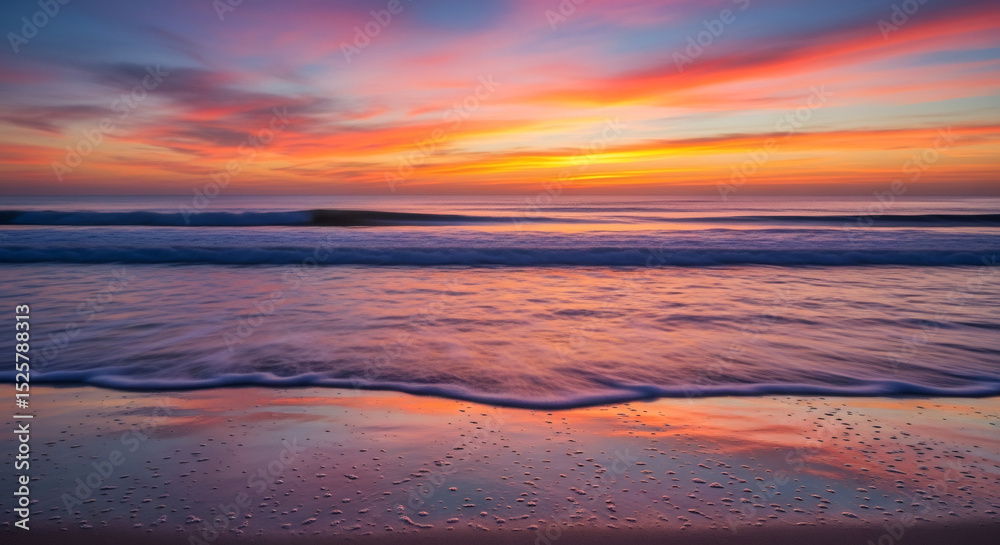 Fototapeta premium Beautiful Sunset Over Ocean Waves Illuminates Sandy Beach Scene