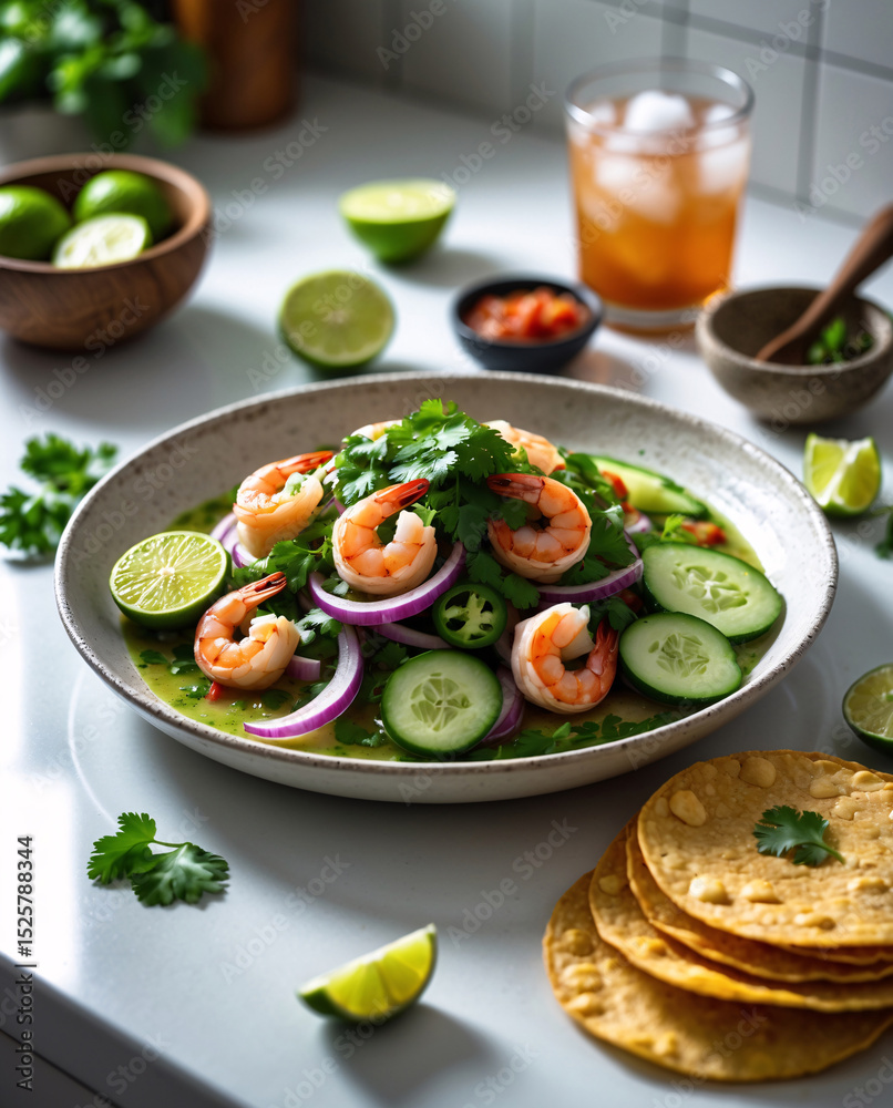 Fototapeta premium Shrimp zucchini salad photo for stock image library menu flyer mockups catering service website or fitness blog visual food wallpaper background