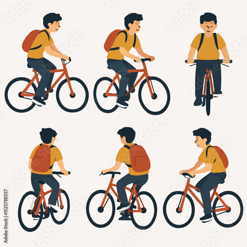 vector set a teenager is riding a bicycle with a simple and minimalist flat design style, plain white background

