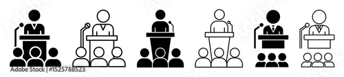 Illustrations of speakers at podiums addressing audiences in various styles and formats shown here