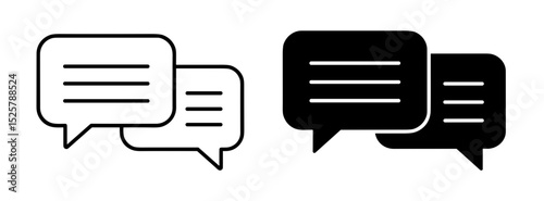 Two speech bubbles in black and white showing a conversation or dialogue on a white background design is here