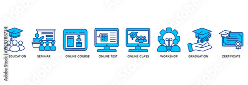 Online training icon set vector illustration concept relate to education, seminar, online course, online test, online class, workshop, graduation, certification