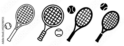 Illustration featuring tennis racquets and balls in varying styles and line thicknesses shown together