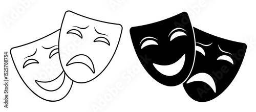 Theatrical masks depicting comedy and tragedy in black and white illustration style art form