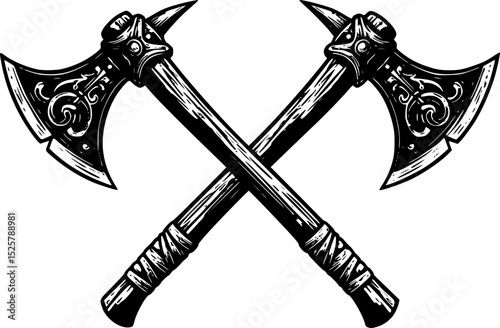 Two Crossed Axes in Detailed Black and White Engraved Style Illustration
