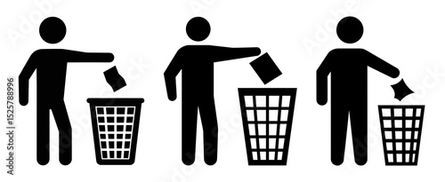 Three stick figures disposing of trash into waste baskets in a responsible and clean environment scene