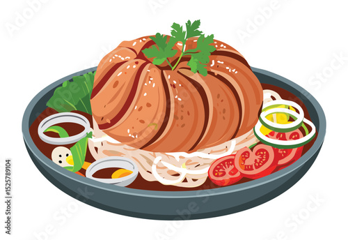 Hearty Meat Patty Meal with Noodles - Vector Illustration