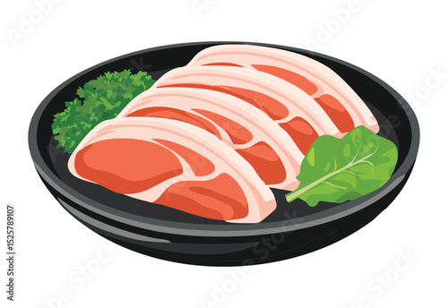 Thinly Sliced Fresh Red Meat Plate - Vector Illustration