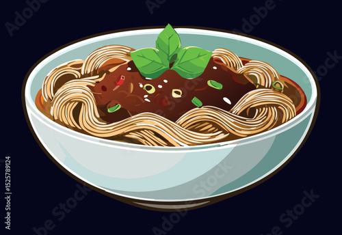 Classic Noodle Bowl with Rich Dark Sauce - Vector Illustration