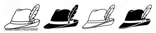 Four traditional tyrolean hats with feathers in black and white line art style in a row design showing