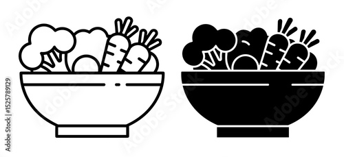 Two bowls filled with broccoli and carrots in black and white line art illustration style design