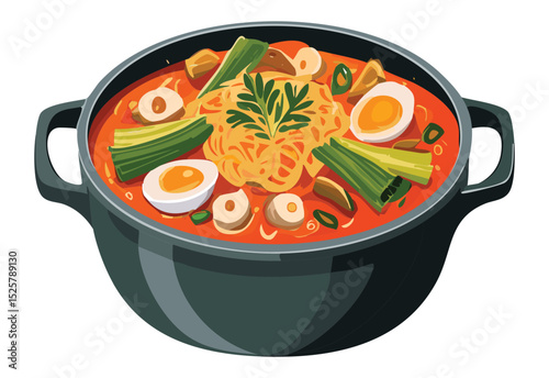 Hot Spicy Noodle Soup with Egg - Vector Illustration