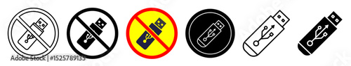 Illustrations showing usb drive icons with forbidden symbols and allowed symbols in black and white