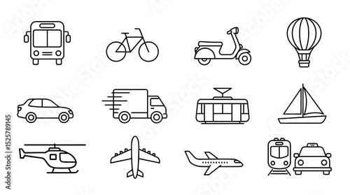 Collection of transportation icons including car bus airplane helicopter scooter and other vehicles drawn as line art