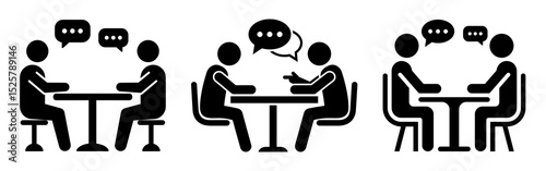 Illustration showing people sitting at tables and talking with speech bubbles above their heads