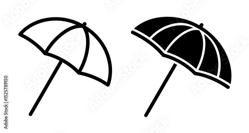 Two beach umbrellas depicted in black and white line art with one filled in black color 100c