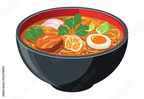 Spicy Noodle Soup with Egg and Herbs - Vector Illustration