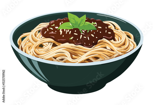 Classic Noodle Bowl with Dark Sauce - Vector Illustration