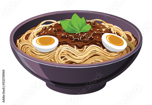 Savory Noodle Bowl with Dark Sauce - Vector Illustration