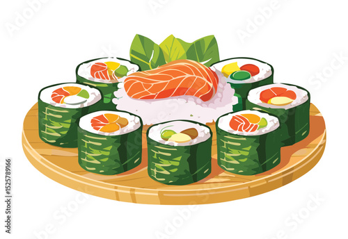 Fresh Sushi Rolls and Sashimi Platter - Vector Illustration