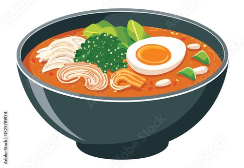 Ramen Bowl with Egg and Vegetables - Vector Illustration