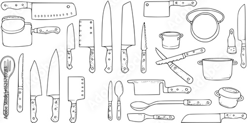 Vintage illustration of kitchen utensils including fork, knife, and tongs
