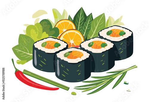 Fresh Sushi Rolls with Lemon Garnish - Vector Illustration