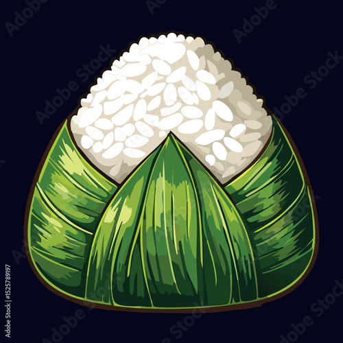 Authentic Rice Ball Wrapped in Leaf - Vector Illustration