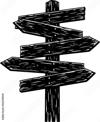 Engraved illustration of a wooden signpost with three arrow-shaped signs pointing in different directions
