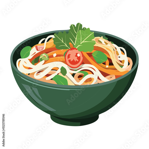 Fresh Noodle Soup with Green Herbs - Vector Illustration