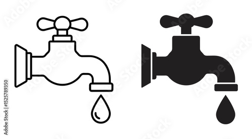 Two faucet icons one in outline and one in solid black with single water drop below each spout icon