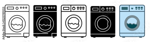 Illustration showing five washing machines in varying colors and styles on a white background design view