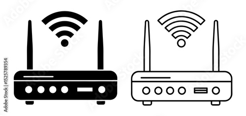 Illustration of two routers with antennas and wifi signals in black and white colors