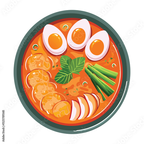 Spicy Noodle Soup with Egg Slices - Vector Illustration