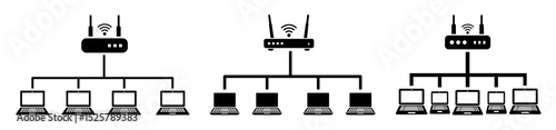Illustrations of network configurations with routers connecting to multiple devices like laptops