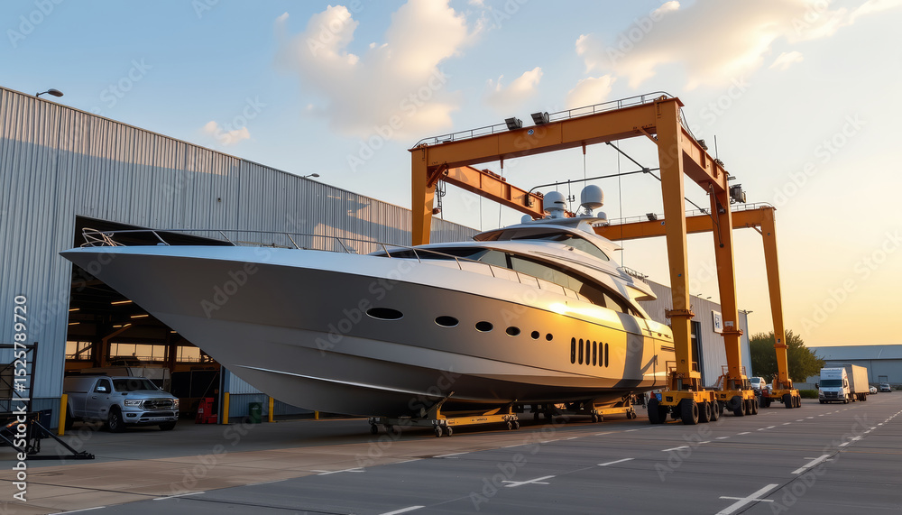 Fototapeta premium Modern yacht maintenance facility with large luxury yacht under crane, showcasing advanced technology and craftsmanship