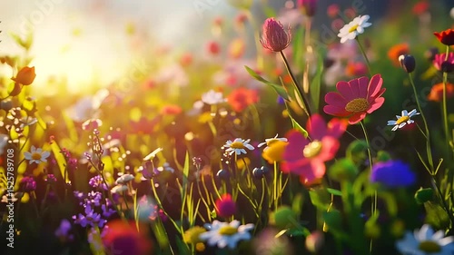 Vibrant wildflower meadow at sunset, showcasing diverse blooms with a warm golden glow in the background
