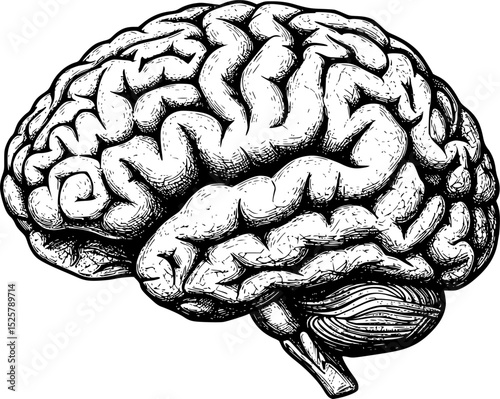 Brain Detailed Engraving Style Illustration Isolated on White Background
