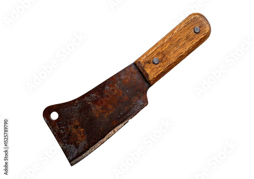 Rusty steel blade with wooden handle, isolated on transparent or white background photo