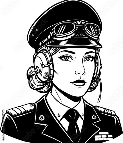 Pinup Woman Saluting in Military Uniform with Confident Expression and Vintage Engrave Style
