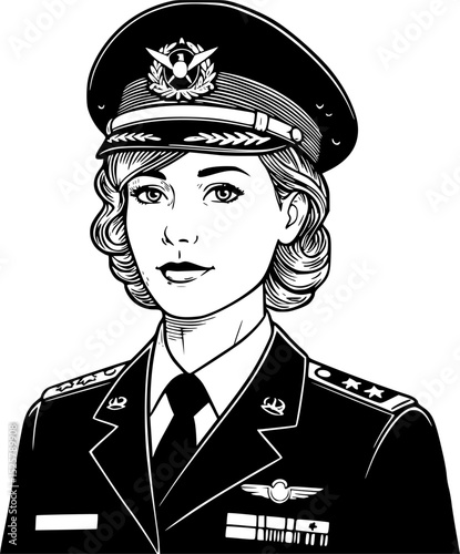 Pinup Woman Saluting in Military Uniform with Confident Expression and Vintage Engrave Style
