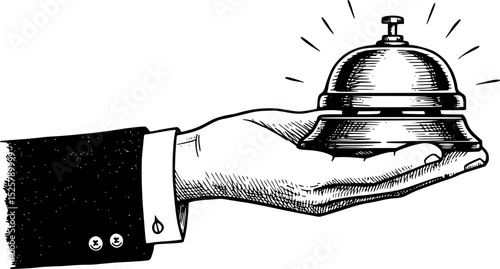 Hand About to Ring Service Bell in Detailed Black and White Engraving Line Art Drawing
