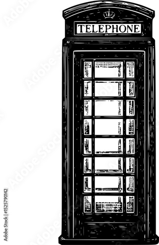 Detailed Engraved Illustration of a Classic British Telephone Booth on White Background
