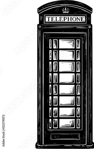 Detailed Engraved Illustration of a Classic British Telephone Booth on White Background
