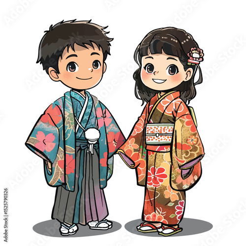 Cute Kids Wearing Traditional Japanese Kimono