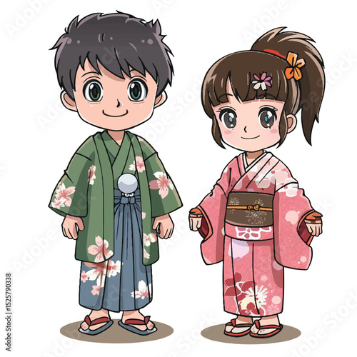 Cute Kids Wearing Traditional Japanese Kimono