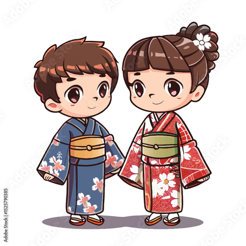 Cute Kids Wearing Traditional Japanese Kimono